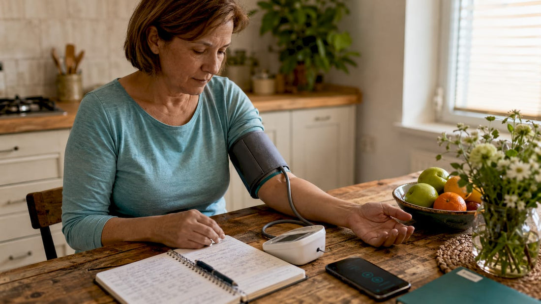 Woman measuring blood pressure at home