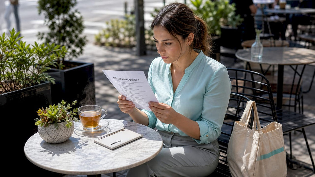 Woman reviewing STI symptoms checklist at kitchen table
