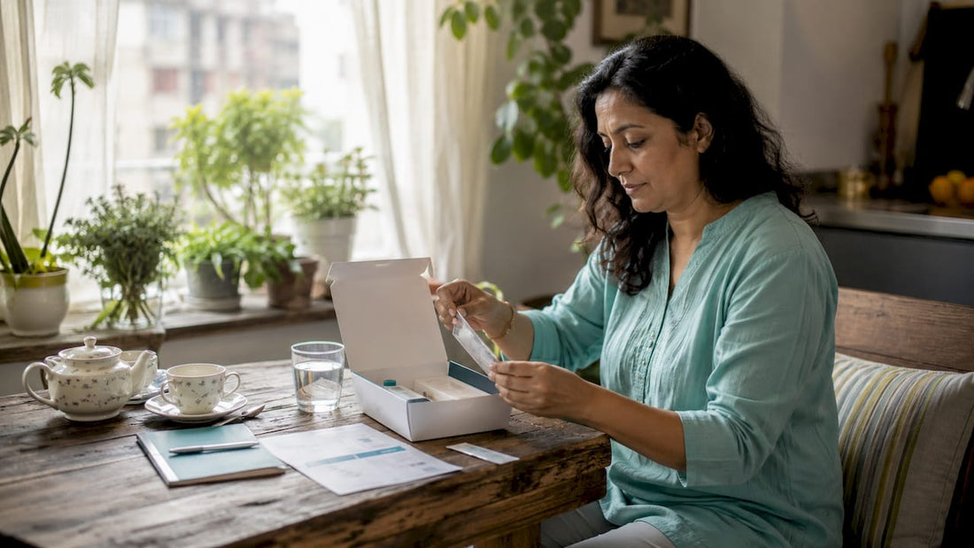 Woman opening home H pylori test kit at kitchen table