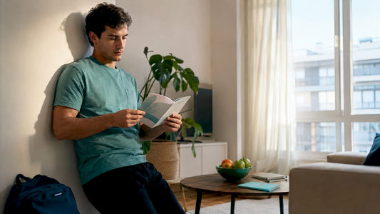 Young man reading health pamphlet at kitchen table