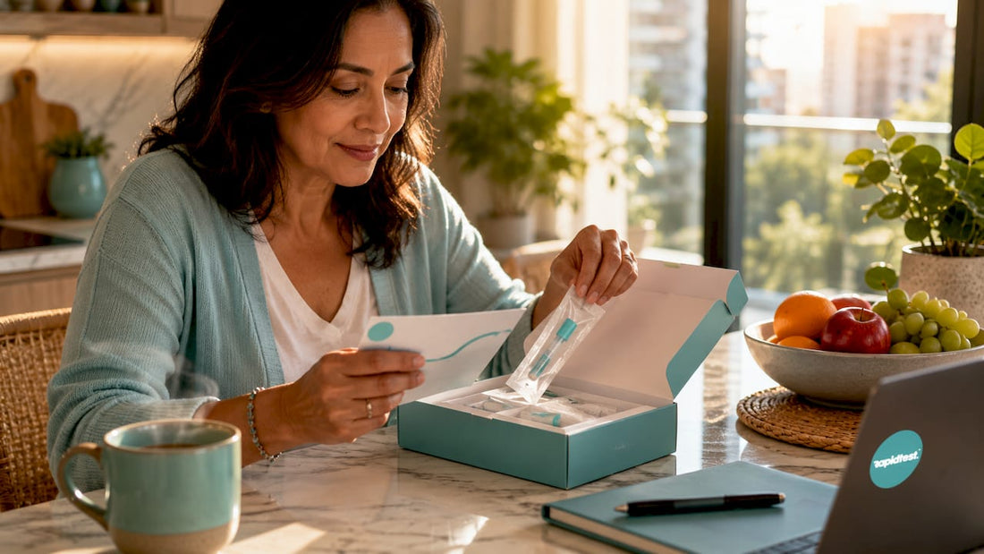 Woman unpacking home FOB test kit at kitchen table