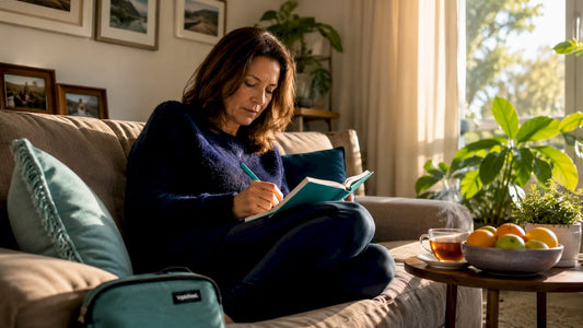 Woman tracking symptoms in diary at kitchen table