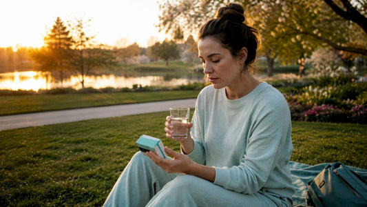 Woman holding treatment medication by bed