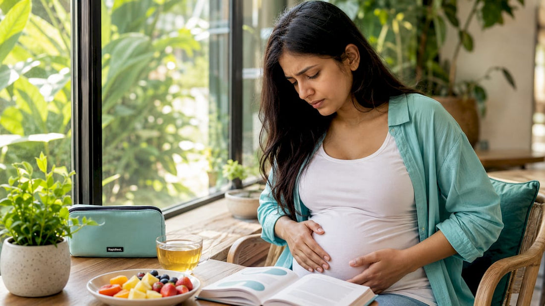 Woman experiencing abdominal bloating after eating