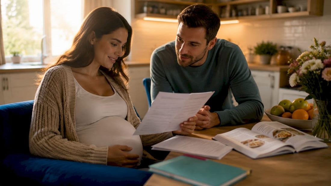 Pregnant woman and partner reviewing fetal tests