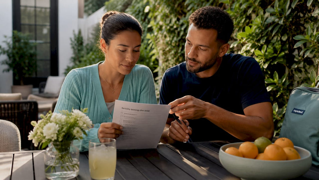 Couple reviewing fertility testing checklist at home