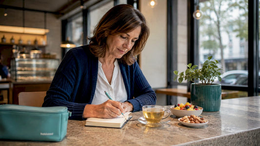 Woman completing bowel health checklist at kitchen table