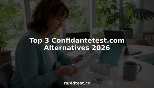 Woman assembling home health testing kit at kitchen table