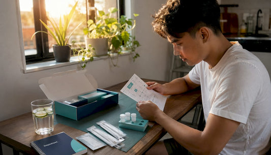 Person preparing STI test kit at home desk
