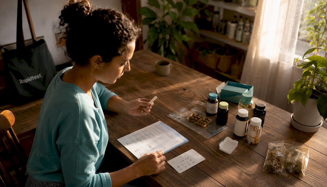 Woman using vitamin D home test kit at kitchen table