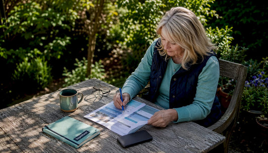Woman reviewing UK online pharmacy leaflets at home