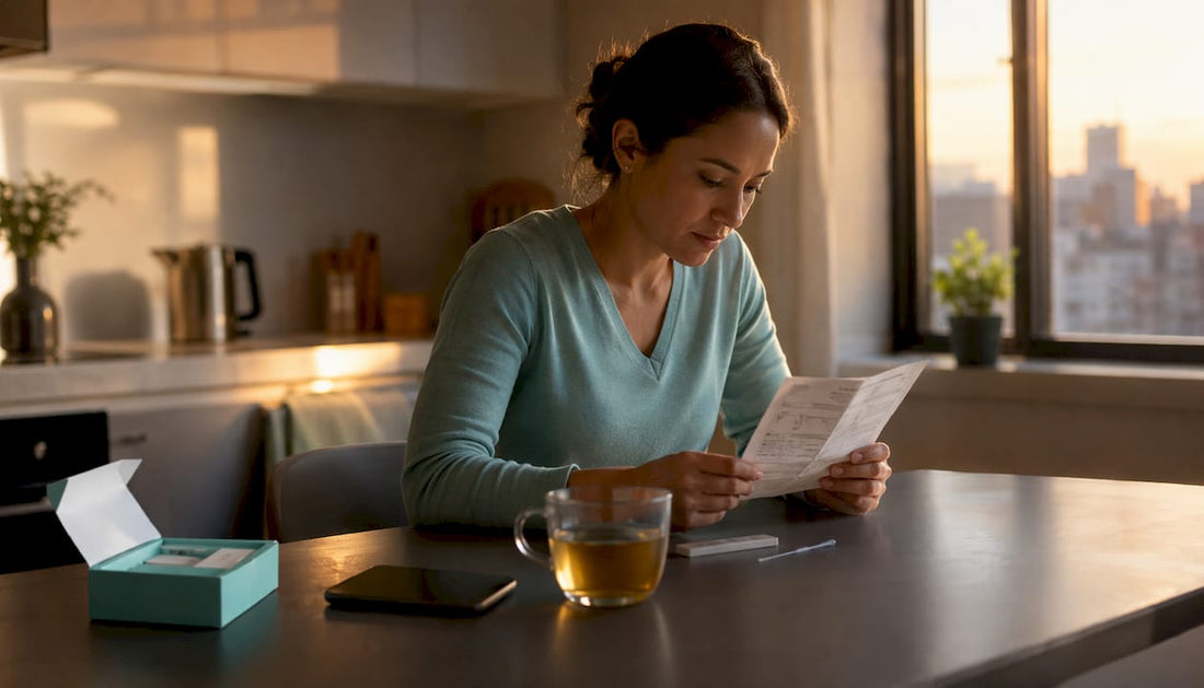 Woman using home fertility test kit at kitchen table