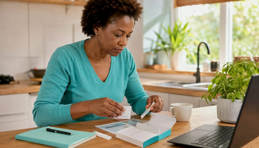 Woman performing home COVID test in kitchen