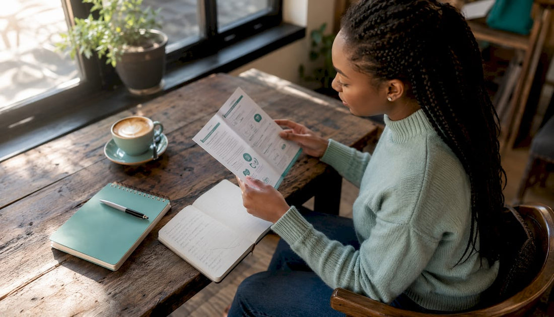Woman reading sexual health pamphlet at kitchen table
