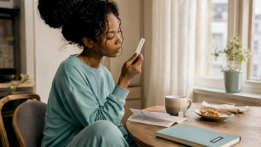 Person examining rapid test kit result at home