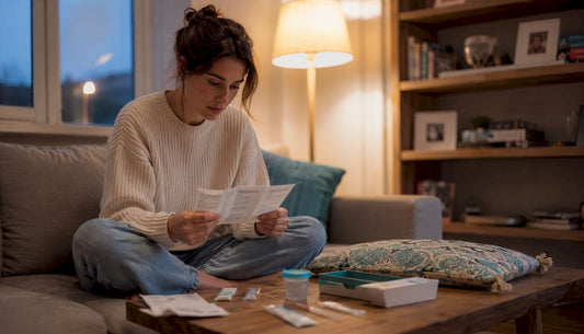 Woman using at-home STI testing kit at table
