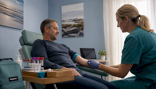 Man getting venous blood draw in medical clinic