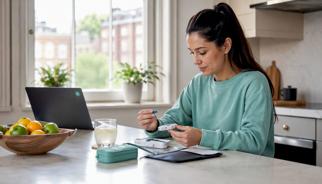 Woman using thyroid home test kit at kitchen table