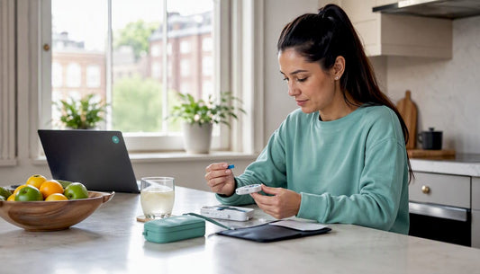 Woman using thyroid home test kit at kitchen table