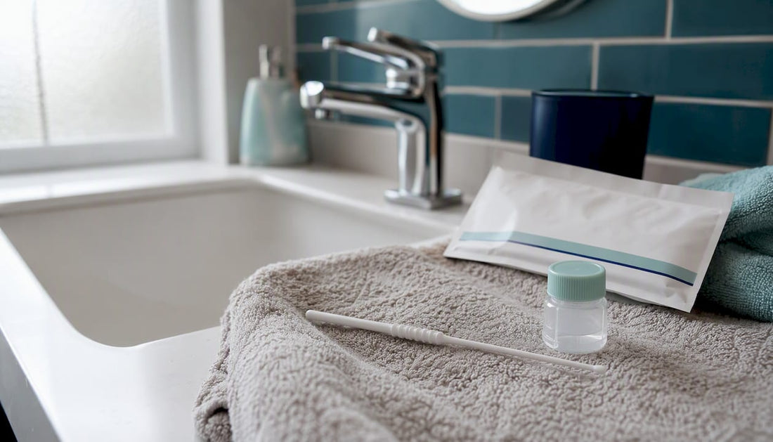 FIT test collection stick and kit on bathroom counter