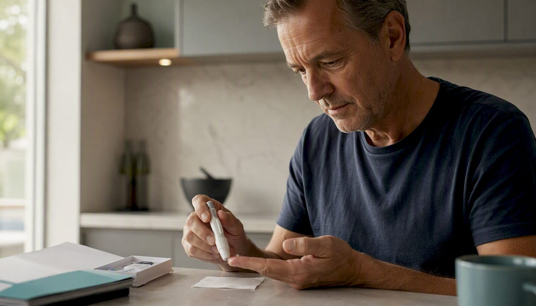 Man collecting finger blood sample for PSA test