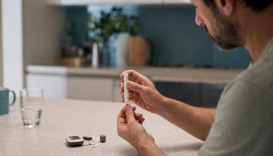 Hand performing morning finger-prick blood test