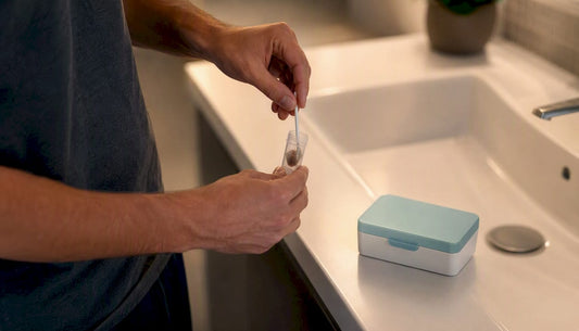 Hand collecting stool sample for FIT test