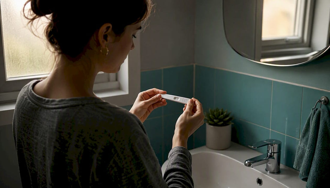 Woman holding ovulation test stick with faint line
