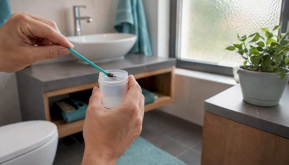 Hands collecting stool sample in bathroom