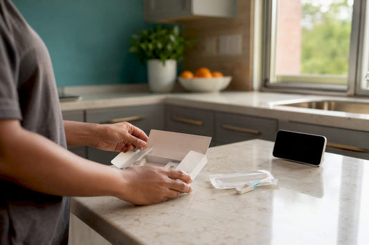 Hands opening at-home HIV rapid test kit