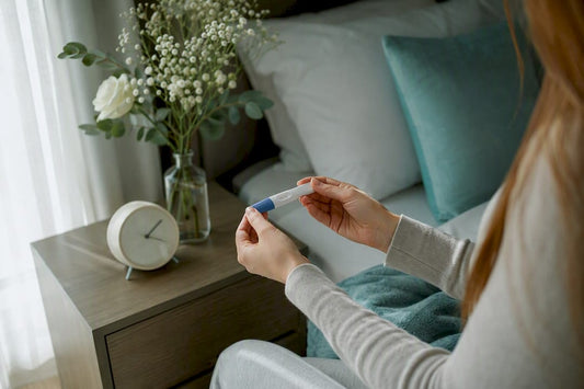 Woman holding pregnancy test stick in bathroom