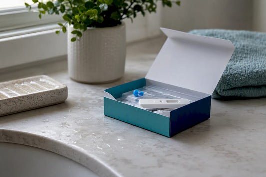 Rapid syphilis test kit on bathroom counter