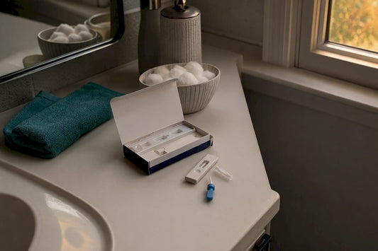 At-home hepatitis C rapid test kit on bathroom counter