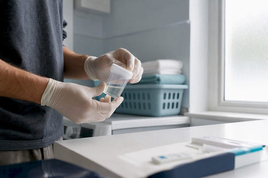 Hands collecting urine sample for STI test