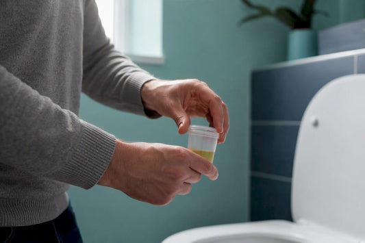 Hands collecting urine sample in bathroom
