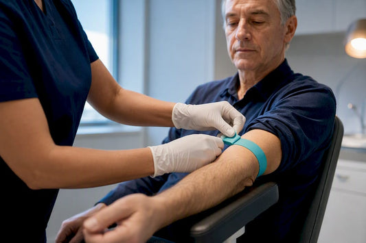 Clinician preparing a man's PSA blood test