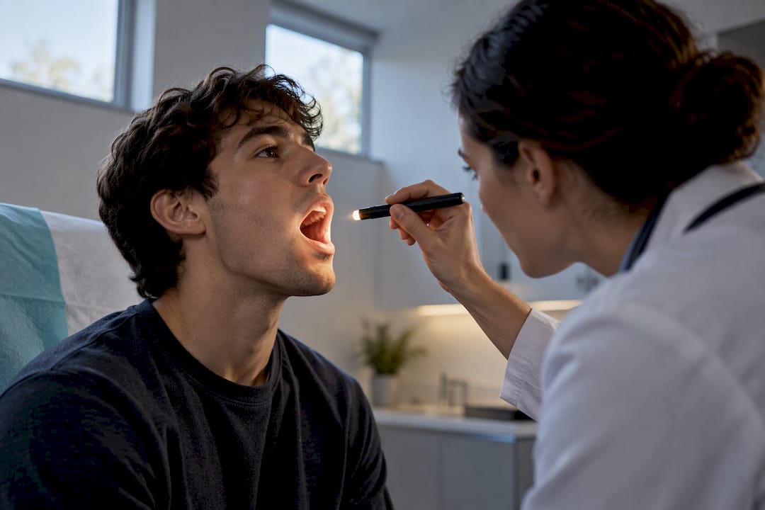 Clinician examining patient’s sore throat