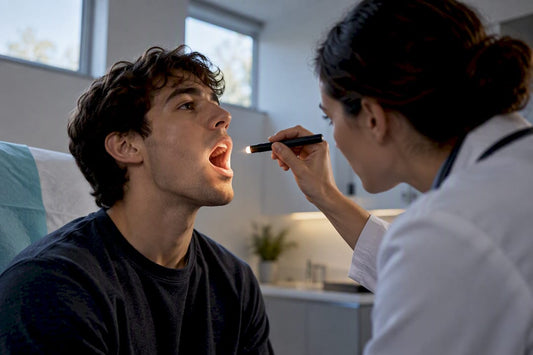 Clinician examining patient’s sore throat