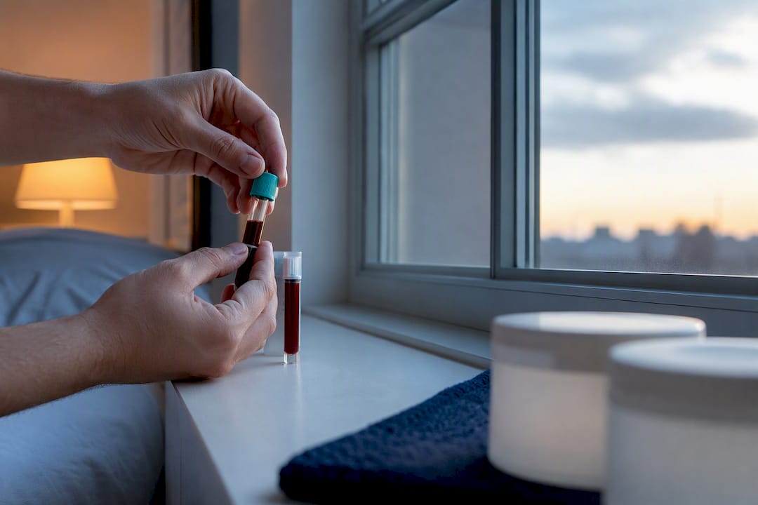 Hands preparing two morning blood samples
