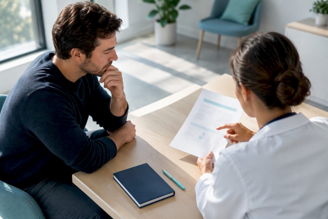 Man reviewing testosterone results with clinician