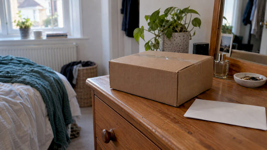 Plain parcel resting on a bedroom dresser