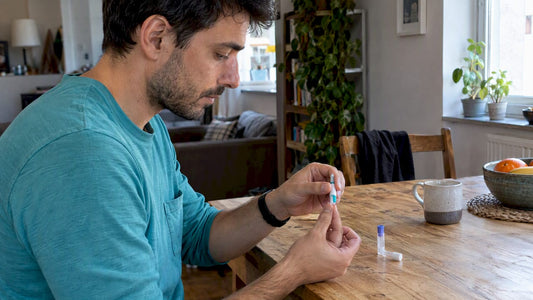 Adult collecting a finger-prick blood sample at home