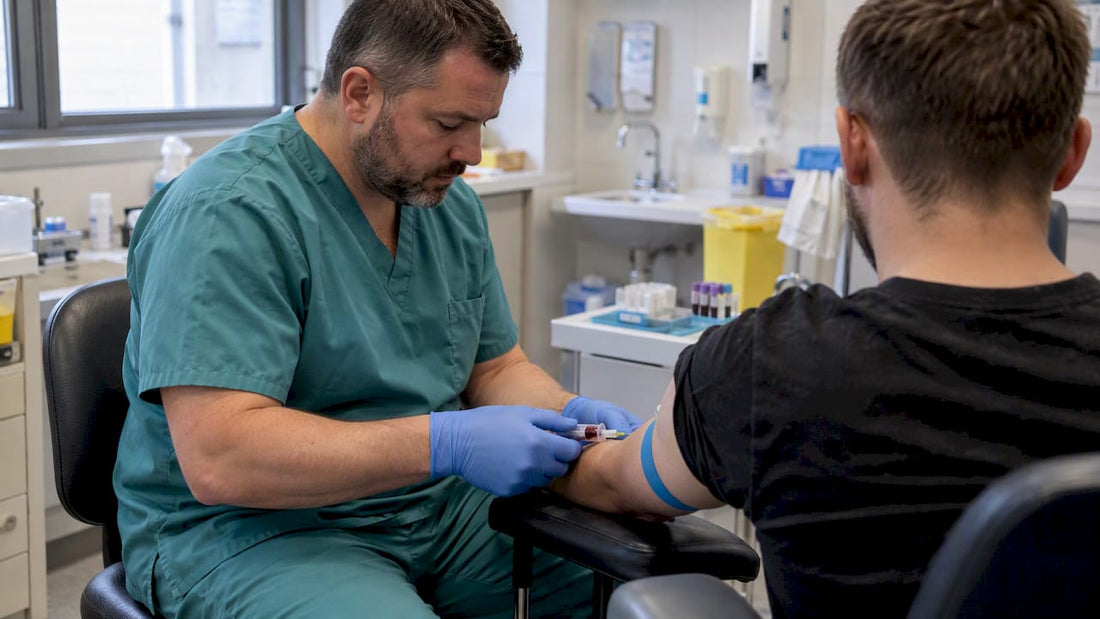 Clinician taking a blood sample in clinic