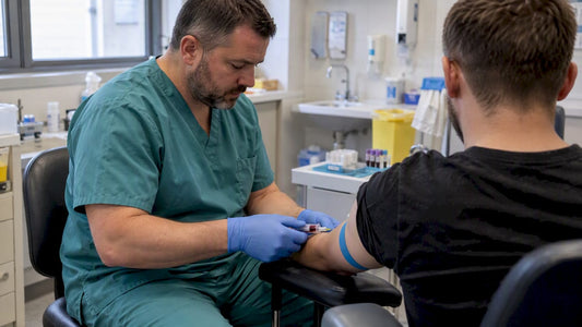 Clinician taking a blood sample in clinic