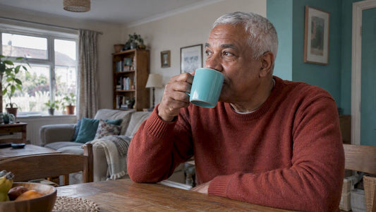 Older man drinking coffee before a PSA test