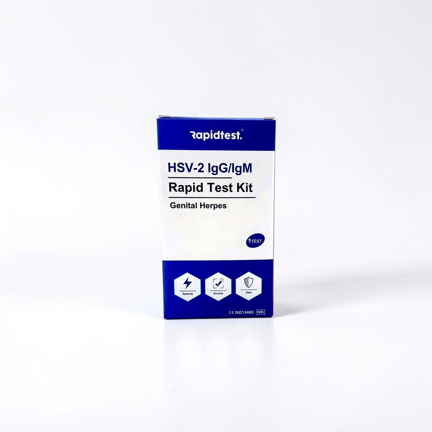 HSV-2 IgG/IgM Rapid Test Kit packaging on a white background. Test at home for genital herpes and get the results in 15 minutes - rapidtest.co