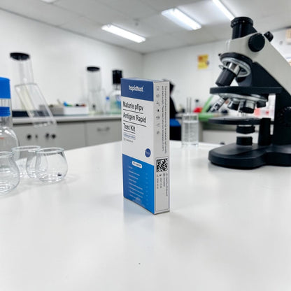 Malaria test kit box on a laboratory counter with a microscope in the background