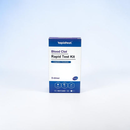 Rapidtest Blood Clot Rapid Test Kit box on a light blue background - D-dimmer at home test kit - rapidtest.co