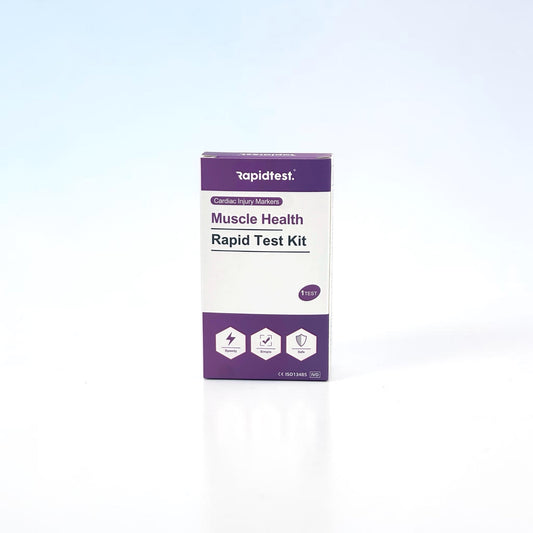 Rapidtest Muscle Health Rapid Test Kit packaging on a light blue background - rapidtest.co