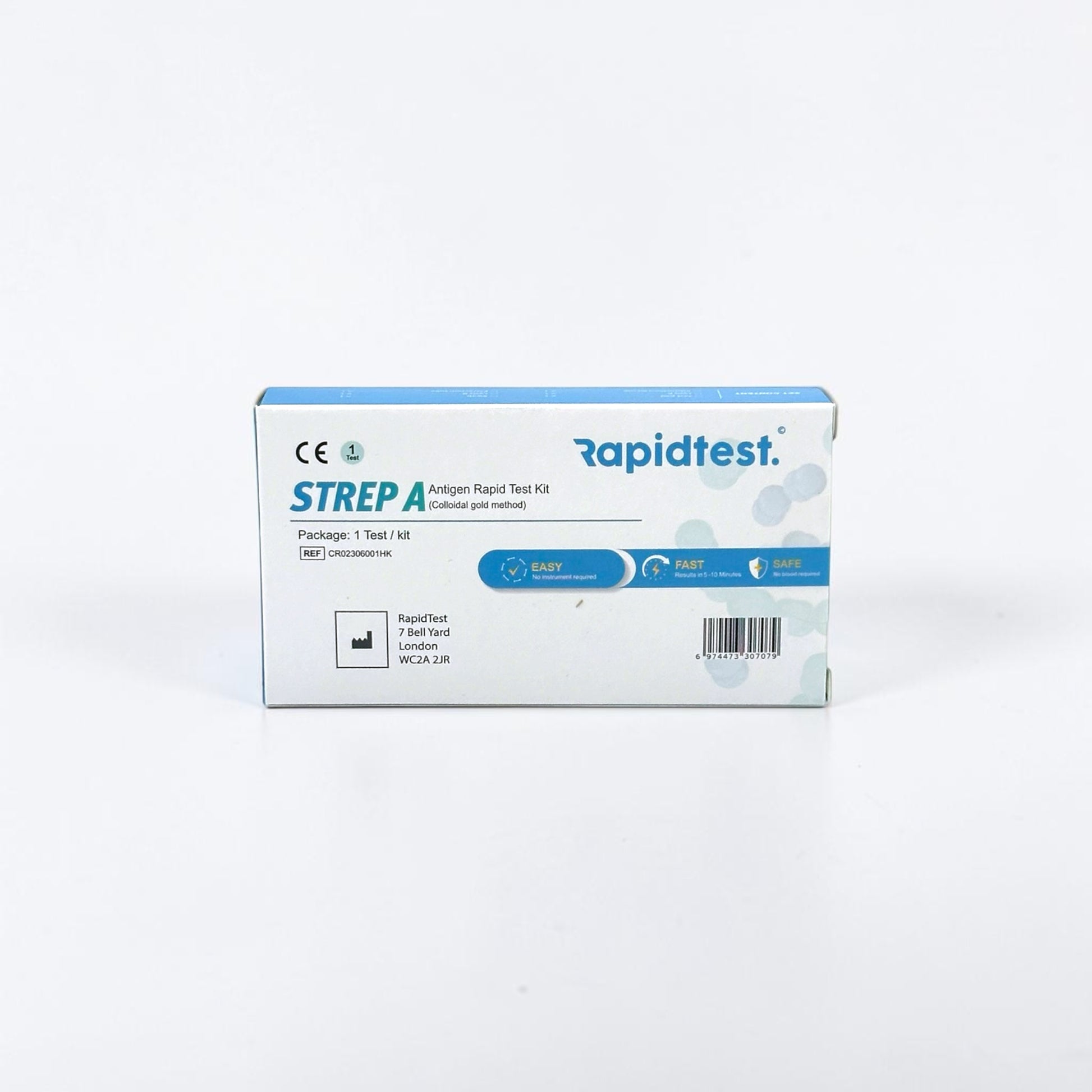 Rapidtest Strep A antigen rapid test kit packaging on a white background